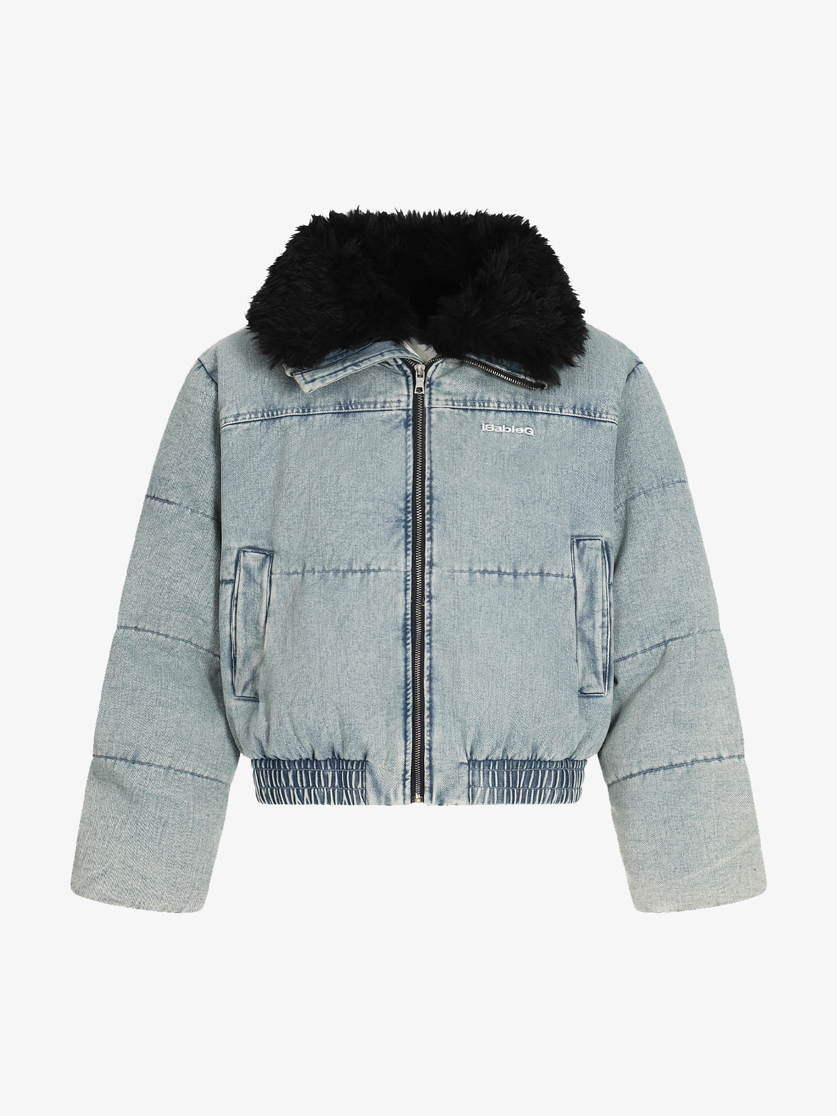 Retro Washed Denim Faux Fur Collar Quilted Jacket 