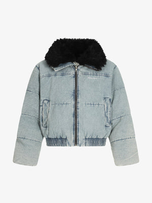 Retro Washed Denim Faux Fur Collar Quilted Jacket 