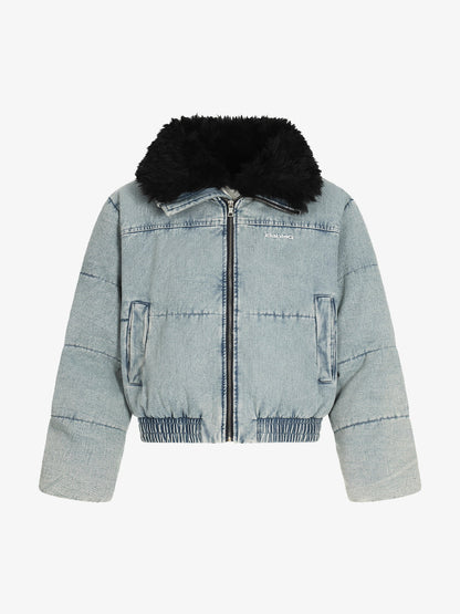 Retro Washed Denim Faux Fur Collar Quilted Jacket 