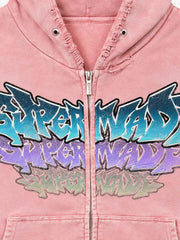 Distressed Graphic Appliqué Patch Boxy Zip Hoodie