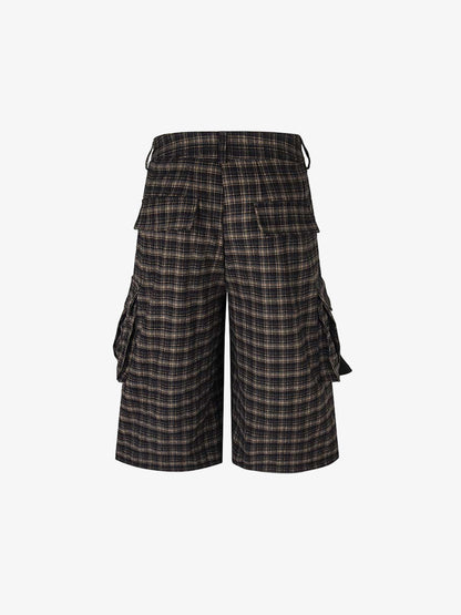 Plaid Cotton Cargo Shorts for Men - Oversized Fit with Multiple Pockets and Elastic Waistband 