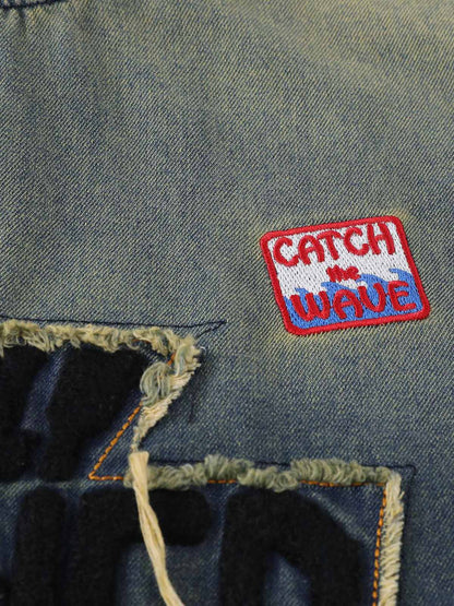 Distressed Washed Patchwork Gradient Denim T-shirt 