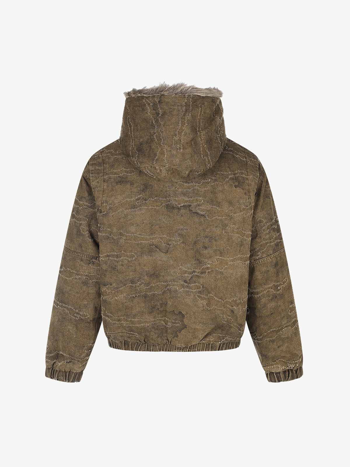 Distressed Faux-Fur Trim Hooded Utility Coat