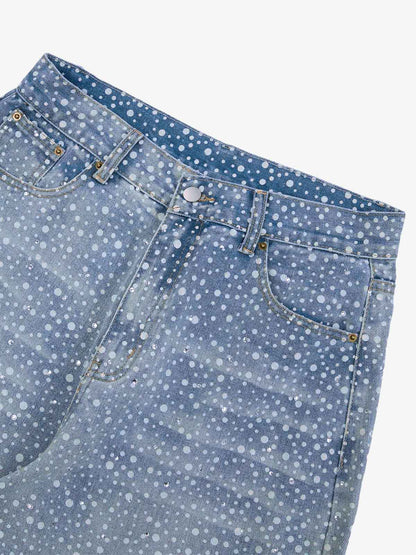 Thesupermade Ink Splashed Hotfix Rhinestone Baggy Jeans - 2306 