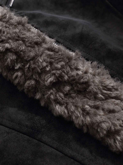 Retro Suede Texture Shearling Collar Fleece Bomber Jacket 