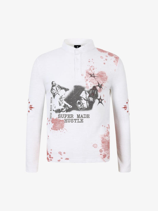 Cotton Blend Long Sleeve Henley Sweater with Graphic Print and Star Motif Design 