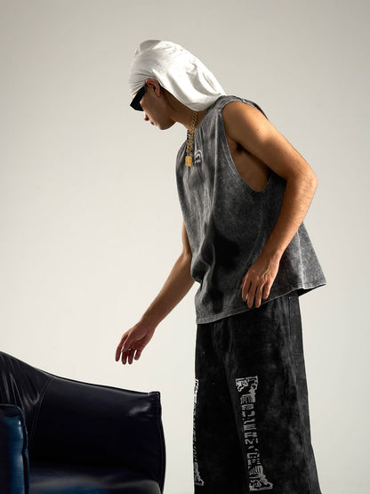 Cross-Print Distressed Washed Vest 