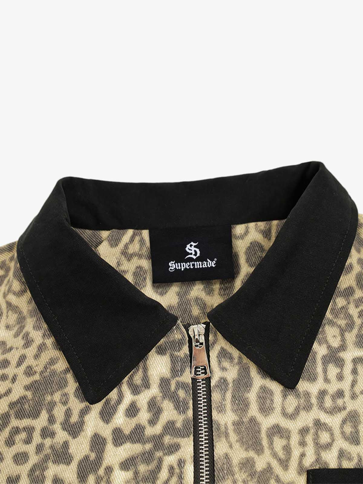 Leopard Embroidered Pocket Color Block Denim Jacket