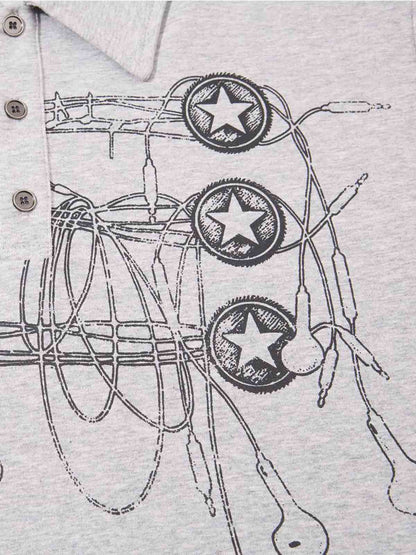 Music Graphic Metal-Button Long Sleeve Polo Shirt