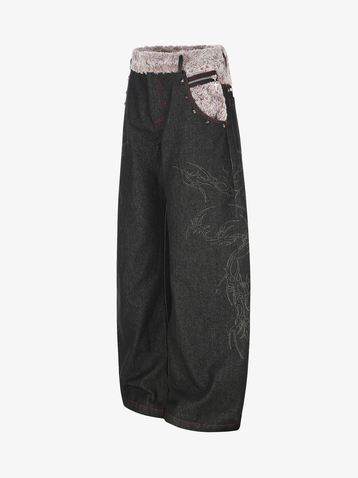 Studded Plush Patchwork Waist Thorn Print Jeans