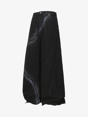 Chain Print Raw Edge Washed Wide-Leg Jeans 