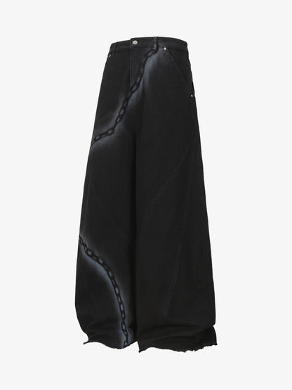 Chain Print Raw Edge Washed Wide-Leg Jeans 