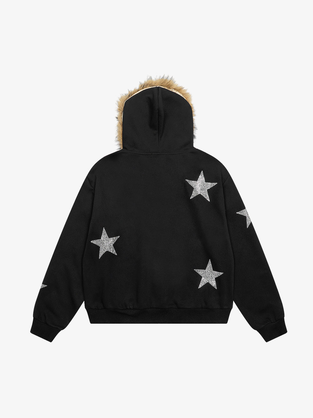 Star Rhinestone Fur Collar Zip-Up Hoodie
