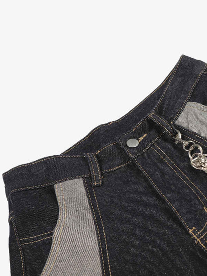 Denim Patchwork Wide Leg Pants with Leopard Star Charm and Side Pockets 