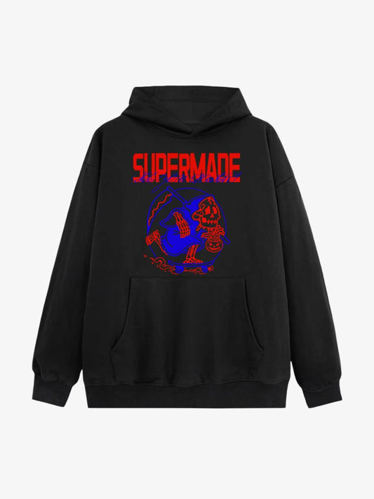 Black Hoodie with Skull and Pumpkin Design 