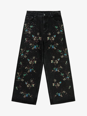 Vintage Floral Embroidery Rhinestone Straight Jeans 