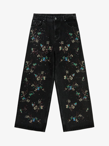 Vintage Floral Embroidery Rhinestone Straight Jeans 