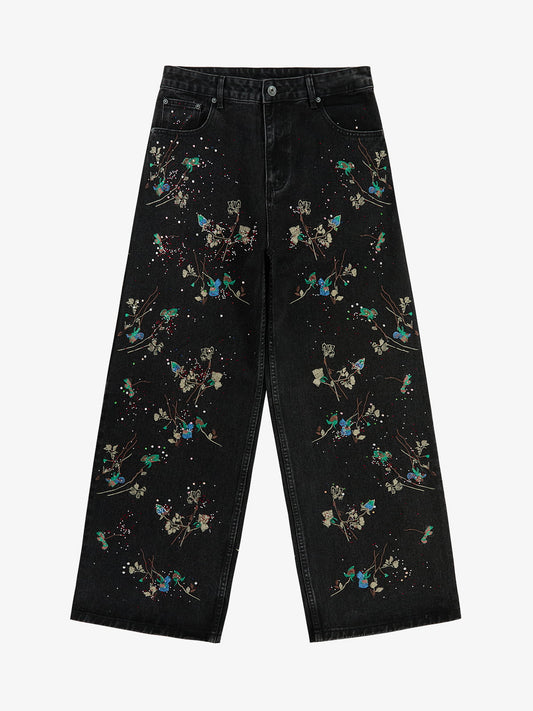 Vintage Floral Embroidery Rhinestone Straight Jeans 