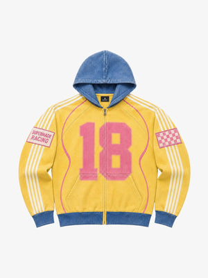 Racing Number Graphic Color Block Cropped Zip Hoodie