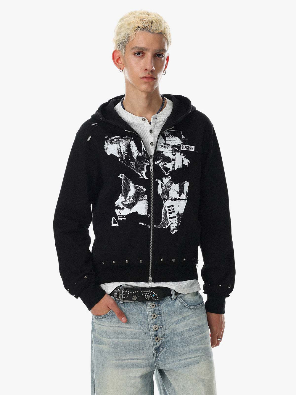 Studded Zip-Up Hooded Sweatshirt Jacket