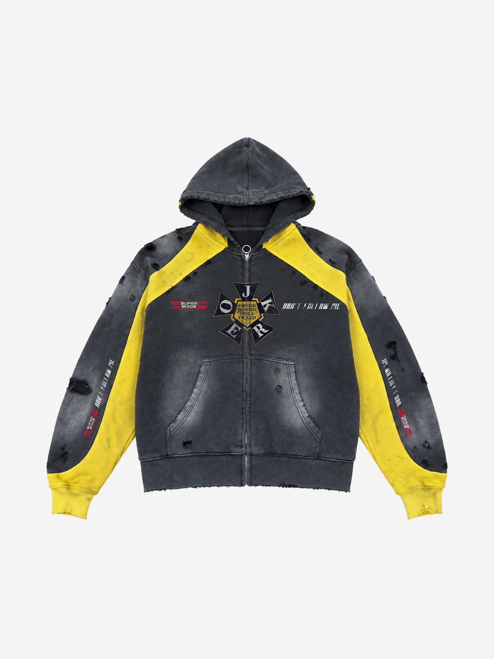 Washed Distressed Color Block Waffle Zip Hoodie