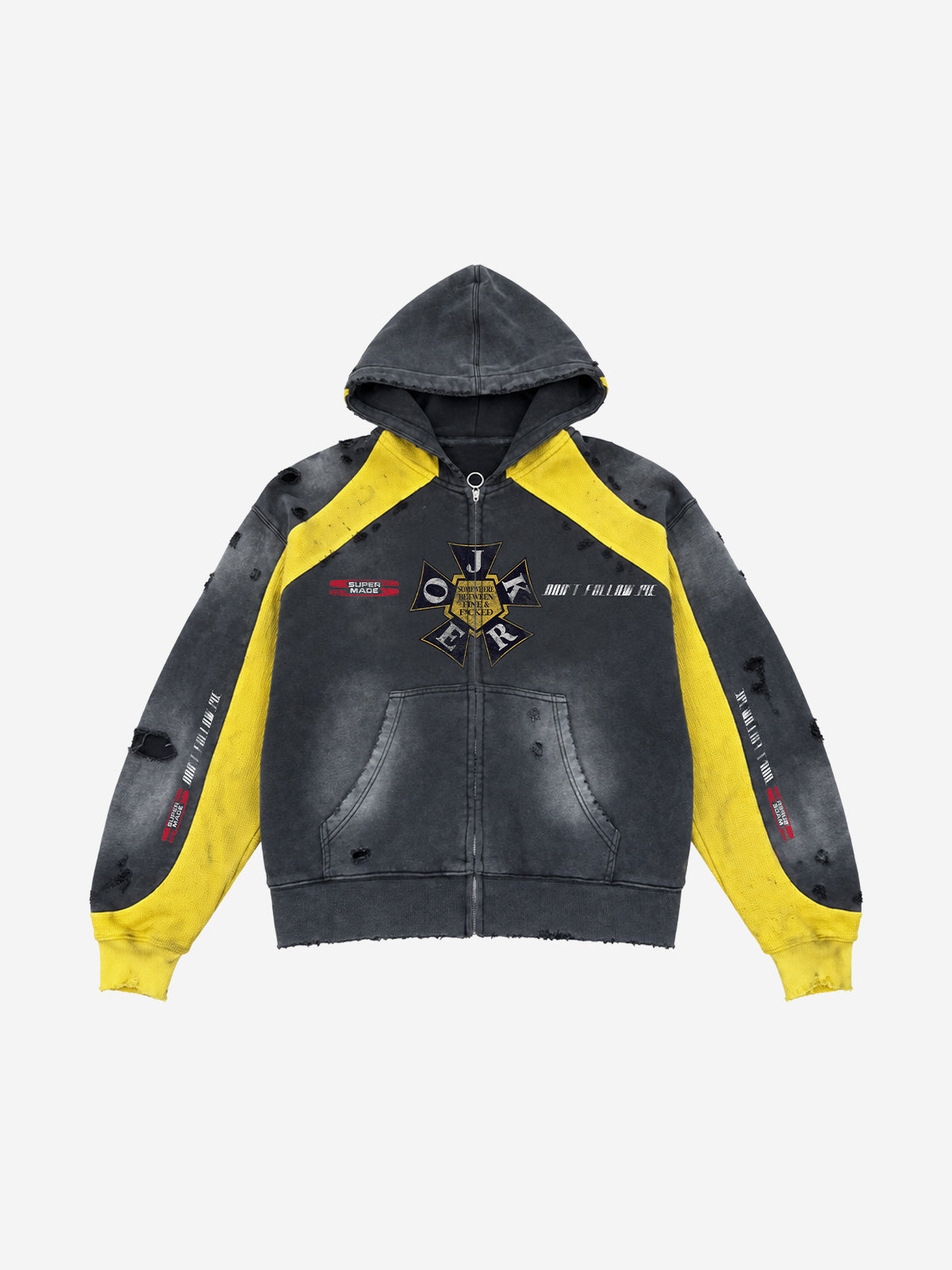 Washed Distressed Color Block Waffle Zip Hoodie
