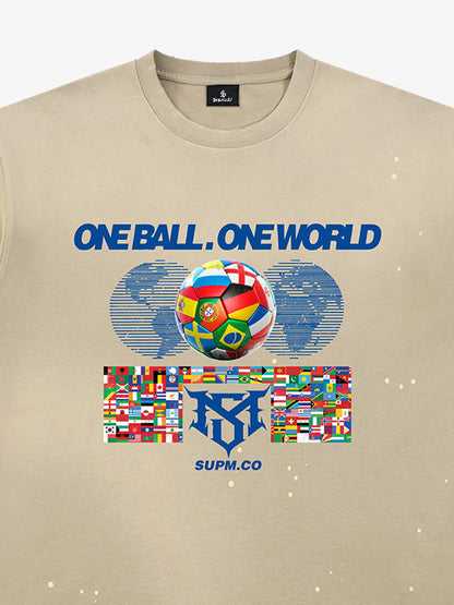 Unisex distressed loose-fitting cotton short-sleeved T-shirts featuring a "One ball, one world" slogan print and an ink-splatter wash finish. 
