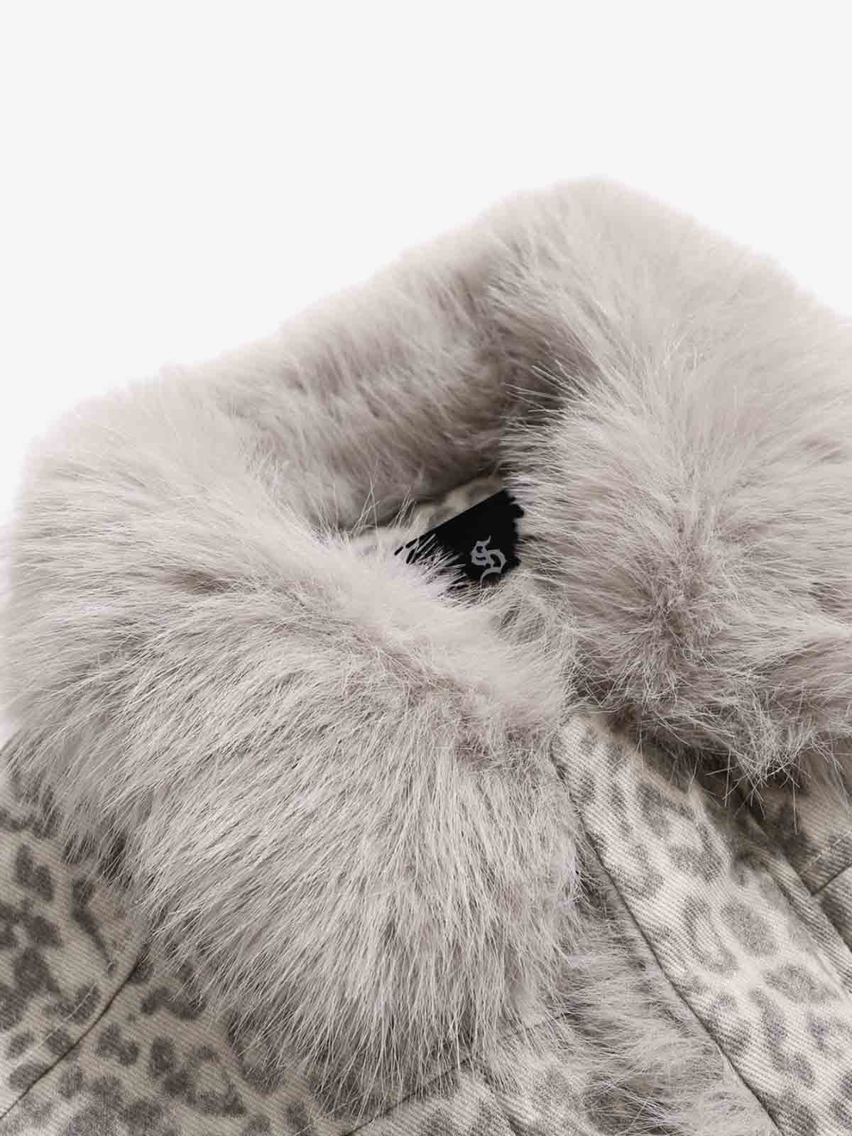 Vintage Leopard Fleece Faux Fur Collar Panel Trim Padded Jacket 