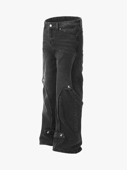 Washed Distressed Deconstructed Split Work Jeans 