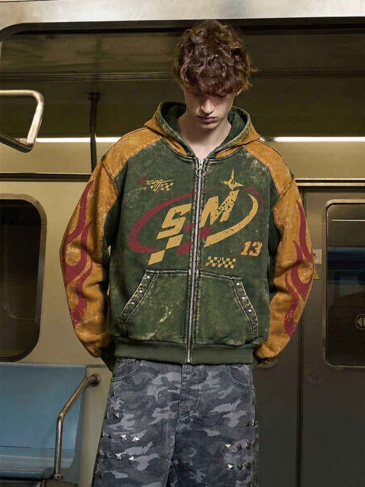 Washed Flame Graphic Zip-Up Hoodie