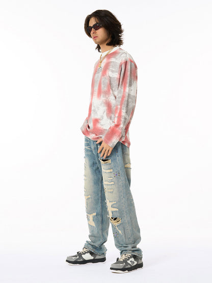 Distressed Denim Jeans with Embellished Patches and Bold Lettering - Perfect for Trendy Streetwear 