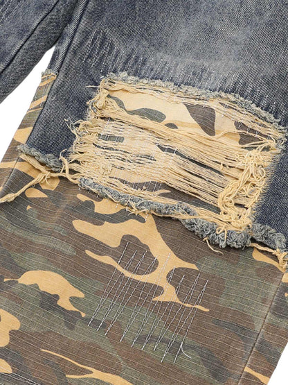 Distressed Camouflage Patchwork Jeans 