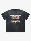 Unisex distressed loose-fitting cotton short-sleeved T-shirts featuring a "One ball, one world" slogan print and an ink-splatter wash finish. 