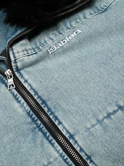 Retro Washed Denim Faux Fur Collar Quilted Jacket 