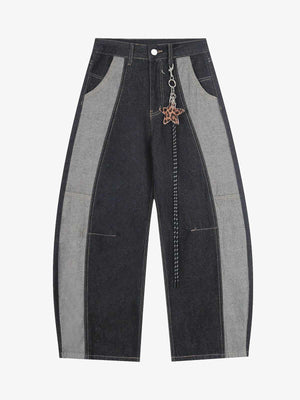 Denim Patchwork Wide Leg Pants with Leopard Star Charm and Side Pockets 