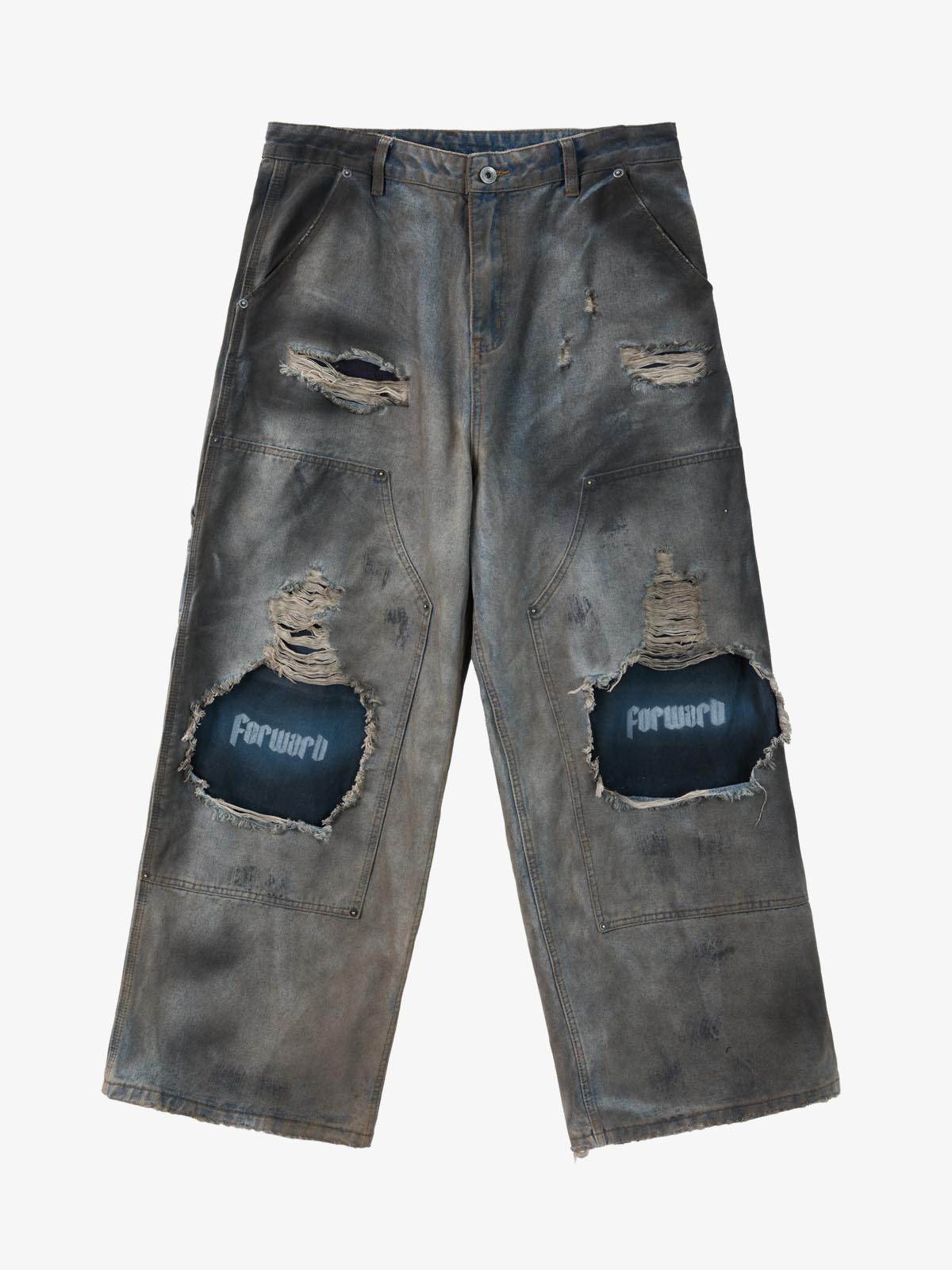 Supermade Retro Distressed Print Heavyweight Canvas Baggy Pants 