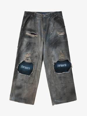 Supermade Retro Distressed Print Heavyweight Canvas Baggy Pants 