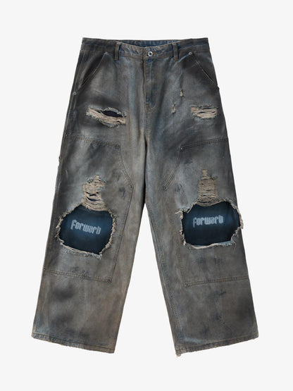 Supermade Retro Distressed Print Heavyweight Canvas Baggy Pants 