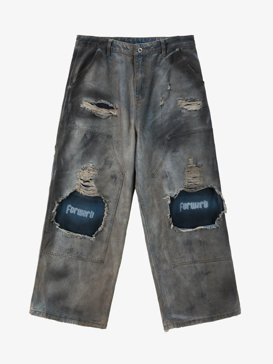 Supermade Retro Distressed Print Heavyweight Canvas Baggy Pants 