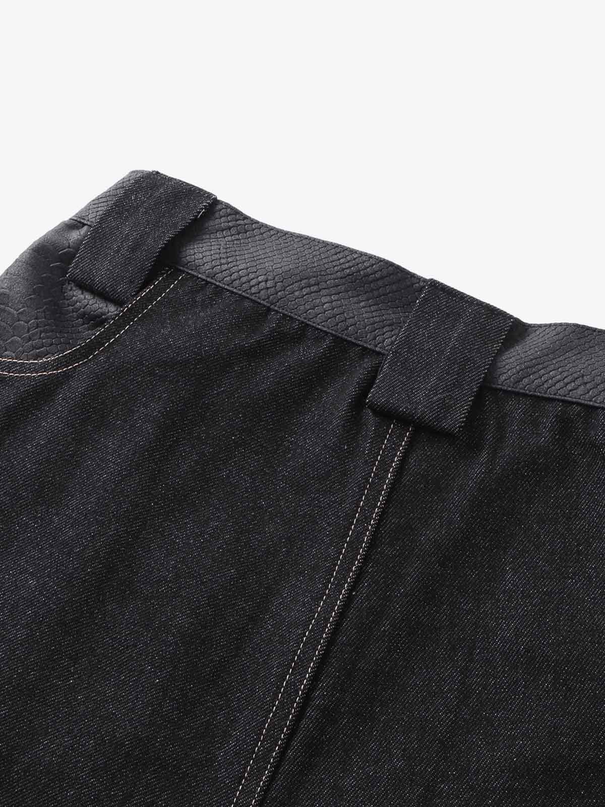 Denim Wide-Leg Pants with Flame Stitch Design High-Waisted Relaxed Fit 