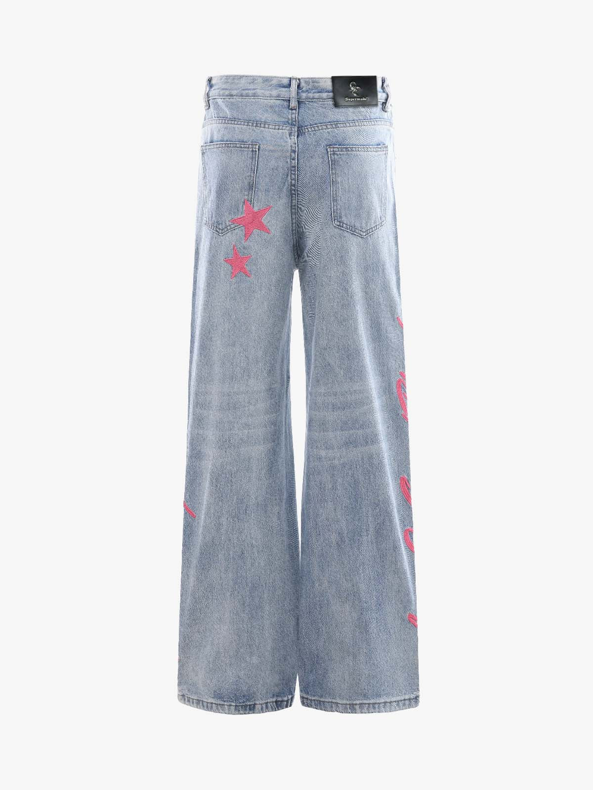 Pink Letter Embroidered Curved-Seam Jeans