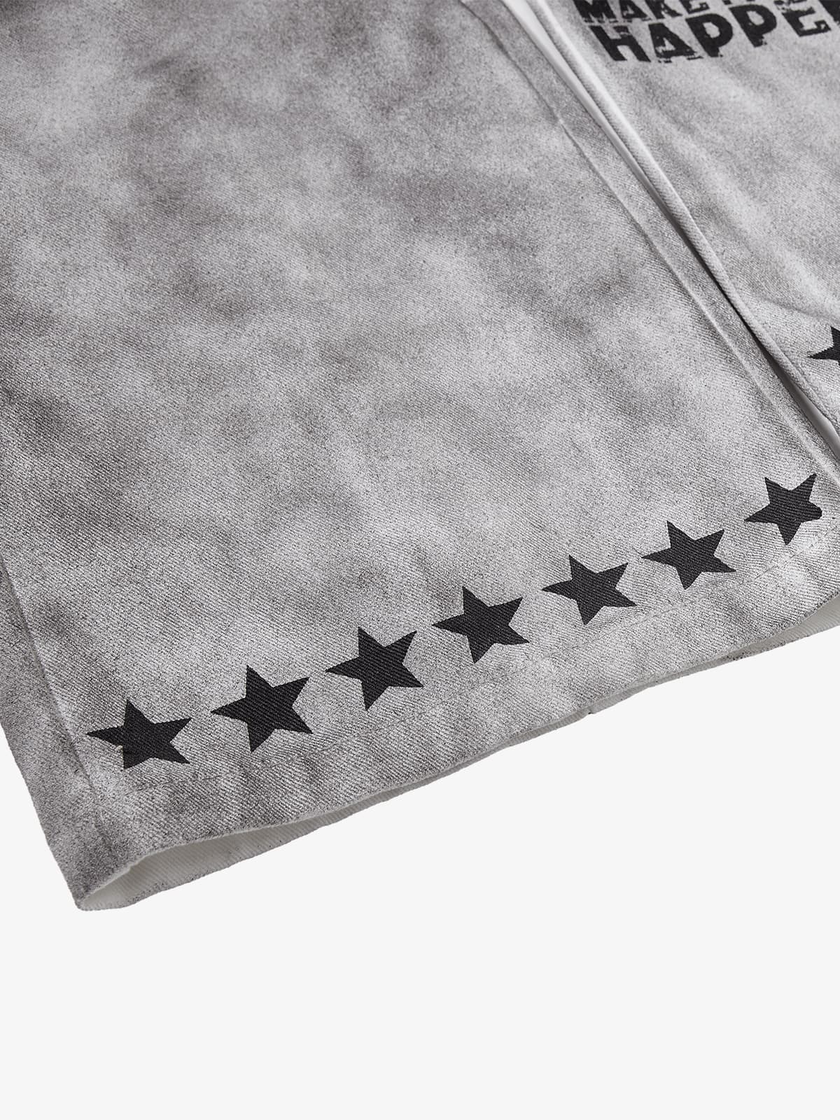 Distressed Dirty Wash Text Graphic Star Trim Straight Leg Pants 