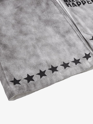 Distressed Dirty Wash Text Graphic Star Trim Straight Leg Pants 