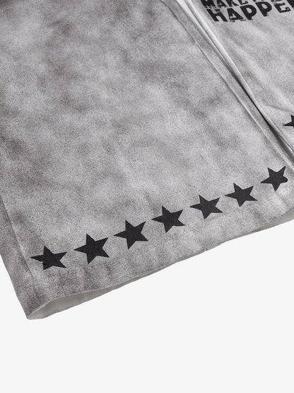 Distressed Dirty Wash Text Graphic Star Trim Straight Leg Pants 