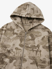 Distressed Camo Zip Hoodie & Wide-Leg Sweatpants Set