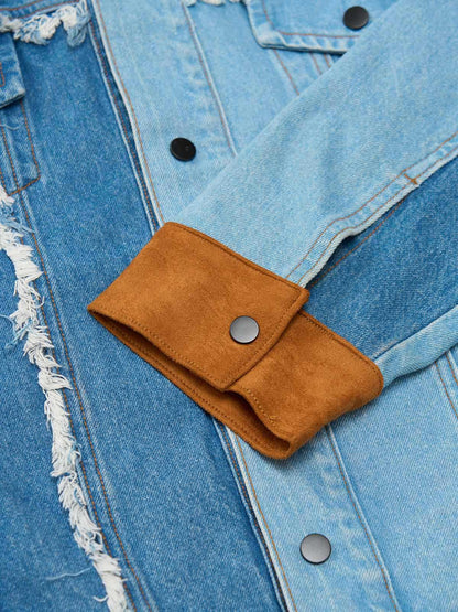 Thesupermade Flame-themed Deconstructed Color-contrast Reconstructed Distressed Raw-edge Denim Jacket 