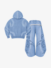 Washed Spray-Edge Zip Hoodie & Curved-Leg Sweatpants Set