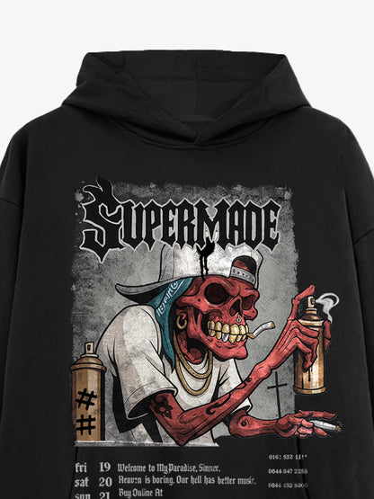 Thesupermade Punk Street Blood Red Skull Graffiti Hooded Sweatshirt 