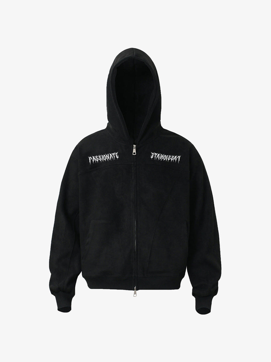 Vintage Suede Letter Embroidered Cropped Zip Up Hoodie 