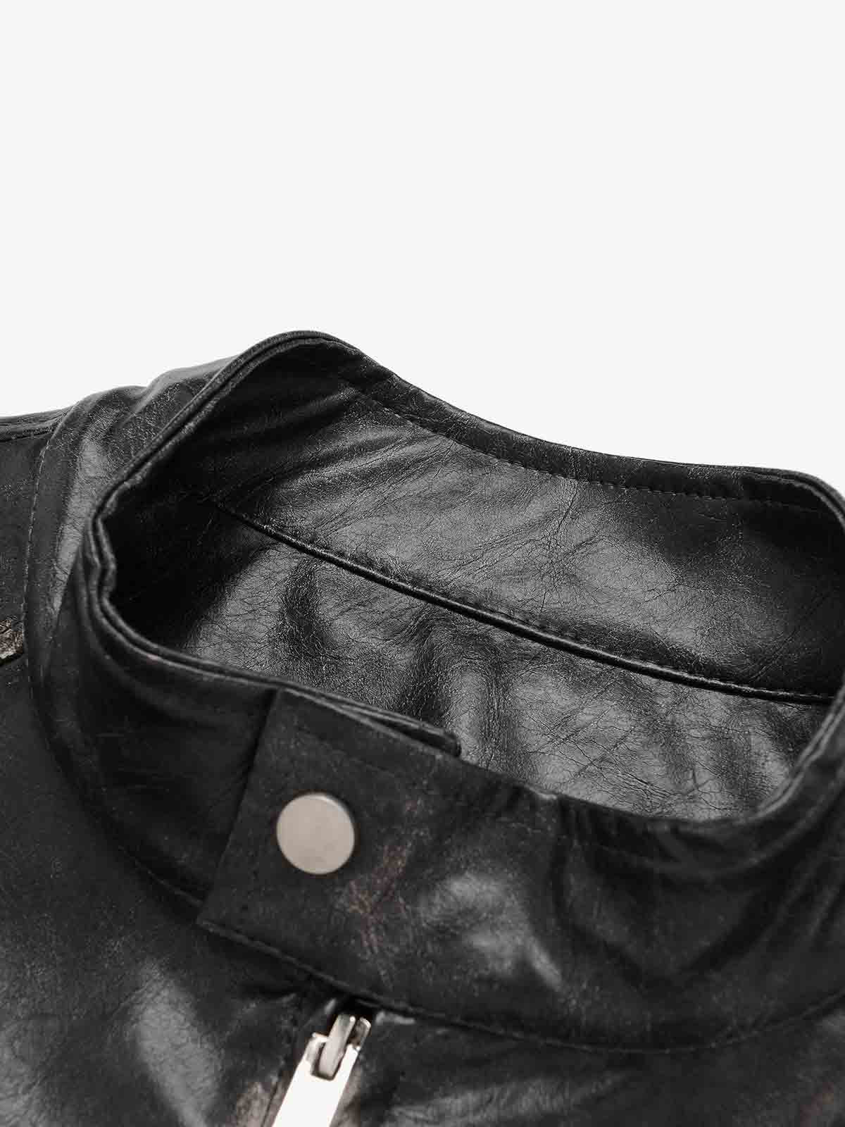 Retro Leather Stand-Collar Elastic Hem Jacket 